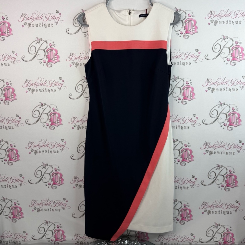Tommy Hilfiger dress color block charm gold detail Navy and Coral Midi Dress